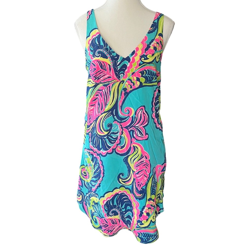 Lilly Pulitzer Bailey Sea Blue Private Island Print Silk Dress Floral Mini Sz XS